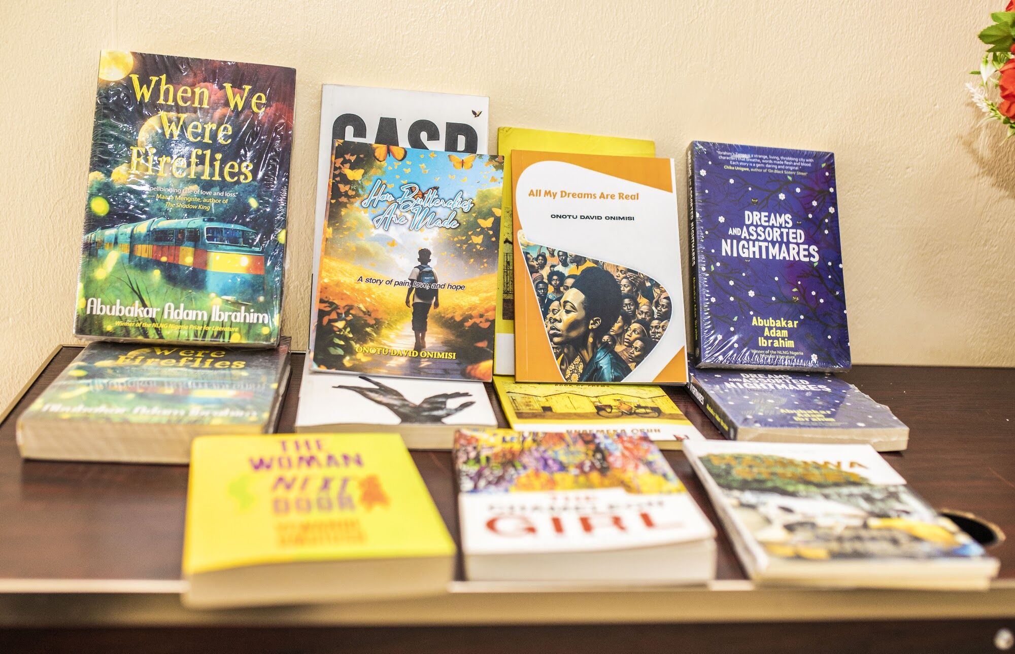 Books by African writers on display at a COAL book reading